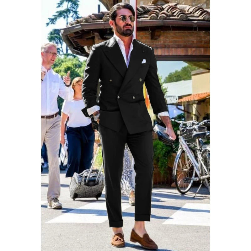 Men's Suit Two-piece Solid Color Double Breasted Fashion Spike Lapel Slim Fit Cropped Pants Casual Business Party Suits 2023