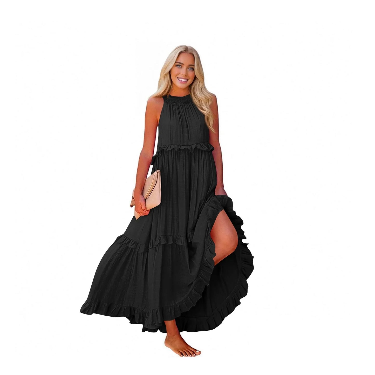 Women's Ruffled hem layered long dresses Summer Sleeveless backless dress Fashion Long Dress Big Swing Beach Dress vestidos