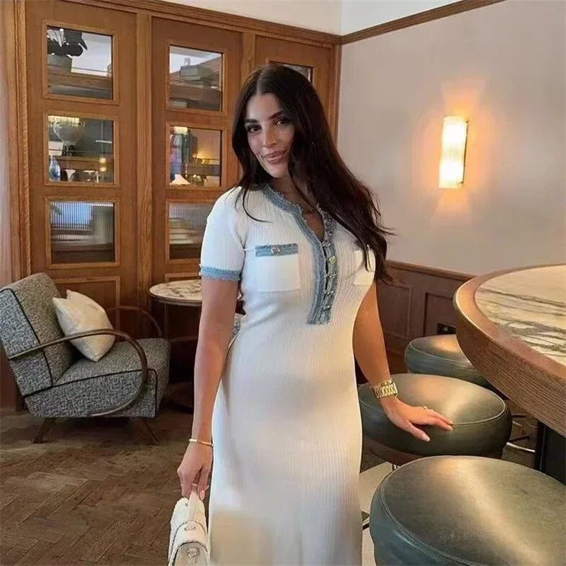 European and American style denim stitching knitted short-sleeved dress women's new high-end design long dress