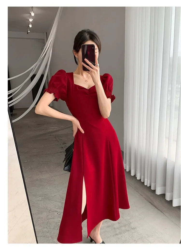 Sweet Vintage French Style Women's Long Dress Summer Hot Sale Of The Season New Bubble Sleeve Square Collar A- Line Split Skirt
