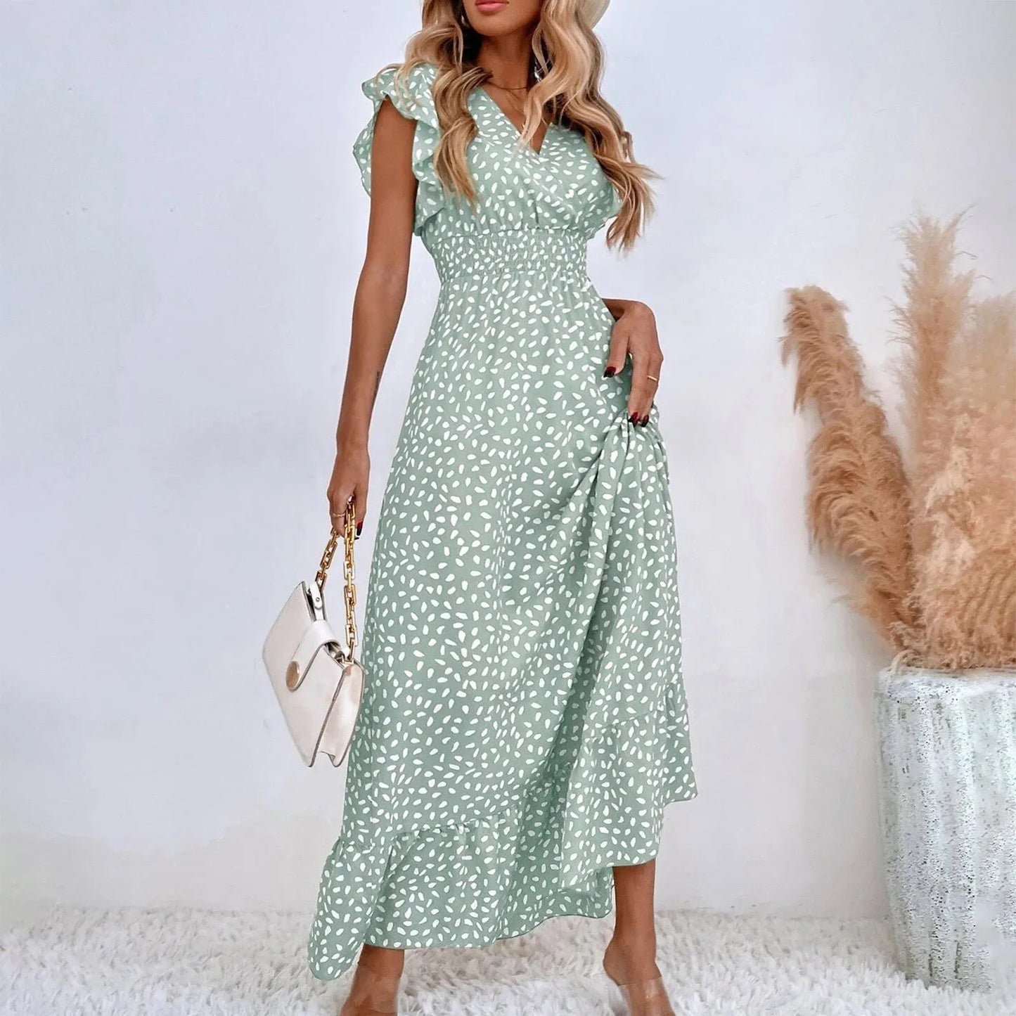 Polka Dot Dress For Women Sexy V-Neck Long Dress Casual And Fashionable Ruffle Edge Short Sleeved High Waisted Dress