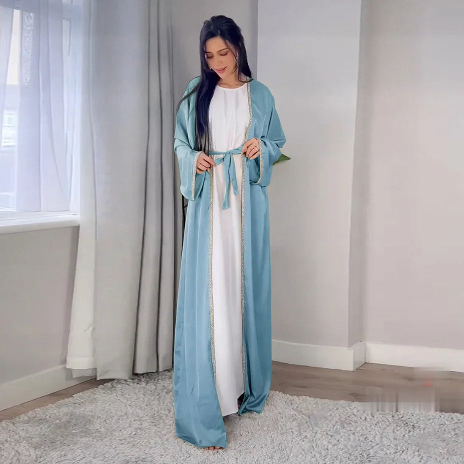 2024 Muslim Dress Diamond Women's Long Dress Fashion Long Sleeve Lace-up Long Abayas Casual Solid Color Clothes for Muslim Women