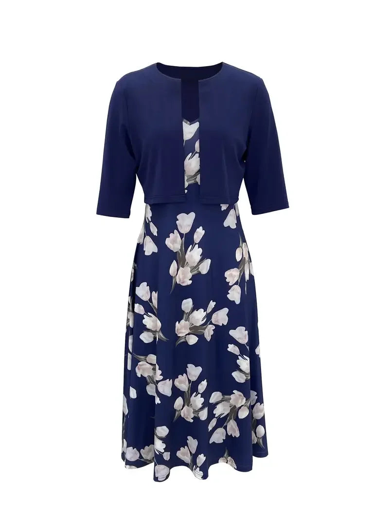 2024 European and American Autumn New Women's Long Dress Two Piece Flower and Grass Print Round Neck Dress Coat Women