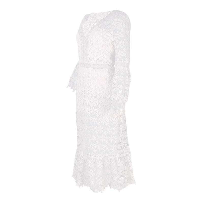 Sexy Autumn Lace Long Sleeve V-neck Big Show Long Dress Women Polyester Fabric High Waist Hollow Out Design Summer Style