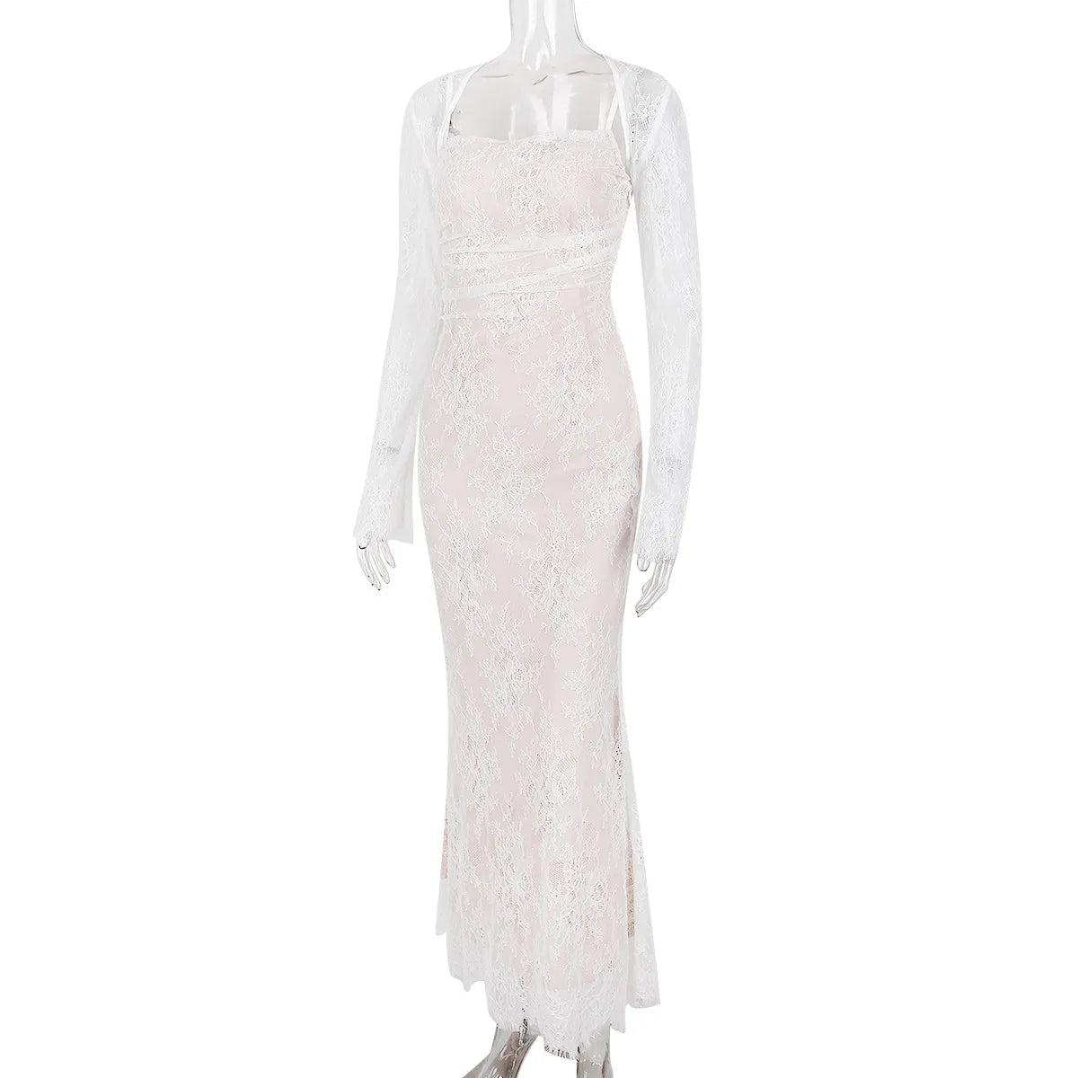 Mozision Elegant Lace Print Maxi Dress Set Women Fashion Spaghetti Strap Long Sleeve Bodycon Club Party Sexy Long Dress