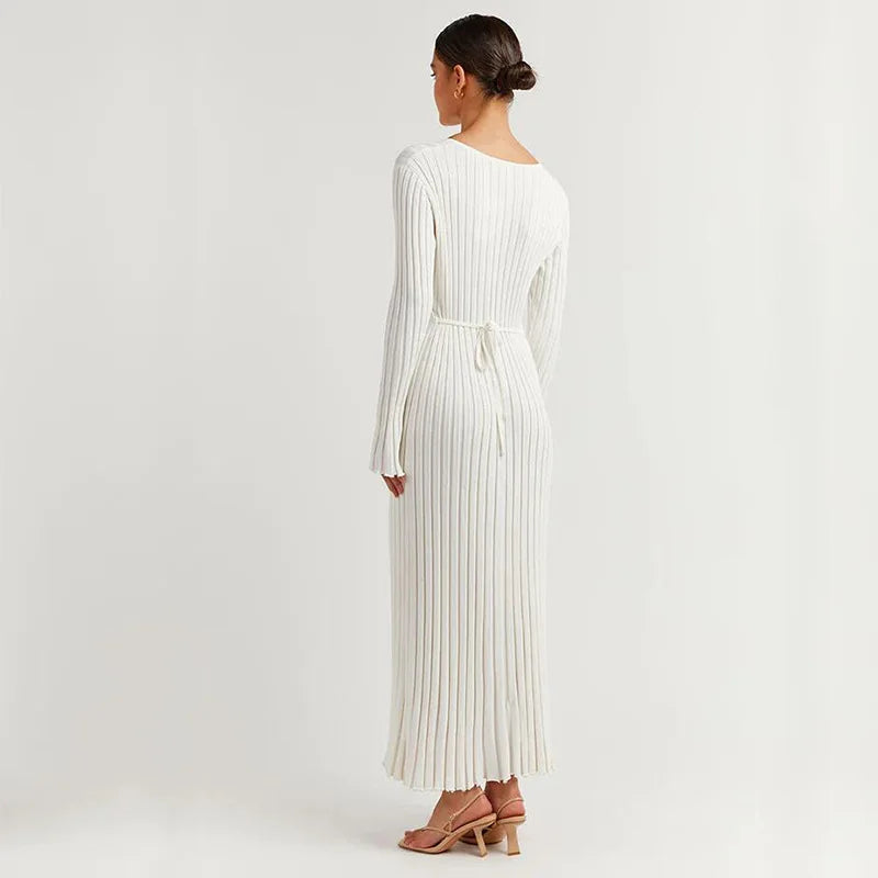 Fashion Knitted Dresses Women's Winter Elegant Pleated Dress Long Sleeve V Neck Lace-up Casual Slim White Black Street White New