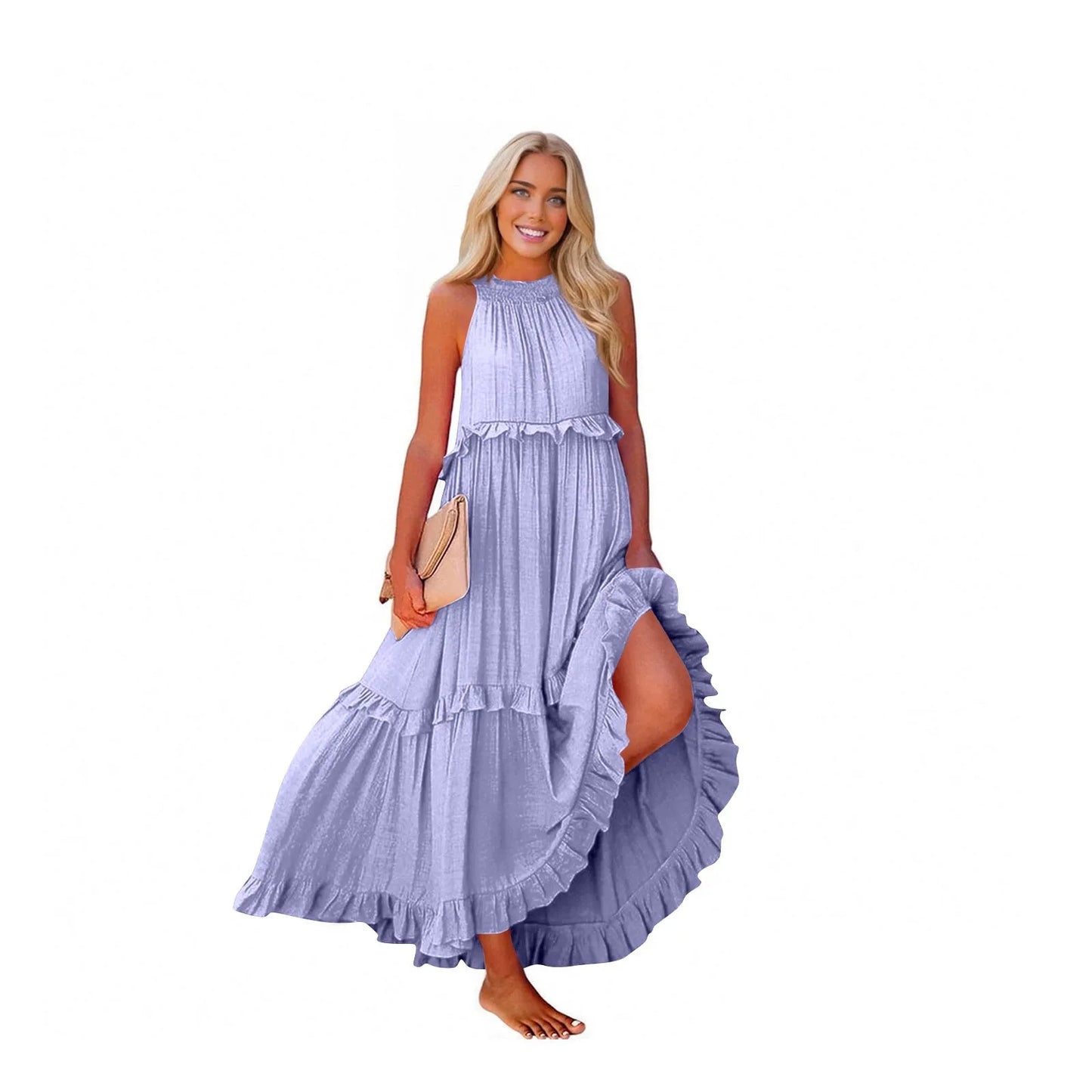 Women's Ruffled hem layered long dresses Summer Sleeveless backless dress Fashion Long Dress Big Swing Beach Dress vestidos