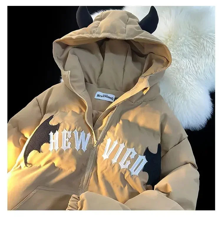 Winter New Cotton Jacket Devil Wing Embroidery Bread Jackets Men's Women's Vintage Harajuku Casual Loose Hooded Cotton-padded