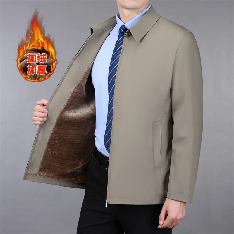 Men Business Jacket Parkas Mid-aged Men's Lapel Jacket with Zipper Pockets for Formal Business or Casual Wear in Autumn Winter