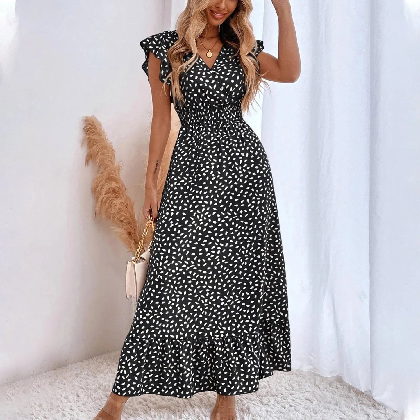 Polka Dot Dress For Women Sexy V-Neck Long Dress Casual And Fashionable Ruffle Edge Short Sleeved High Waisted Dress