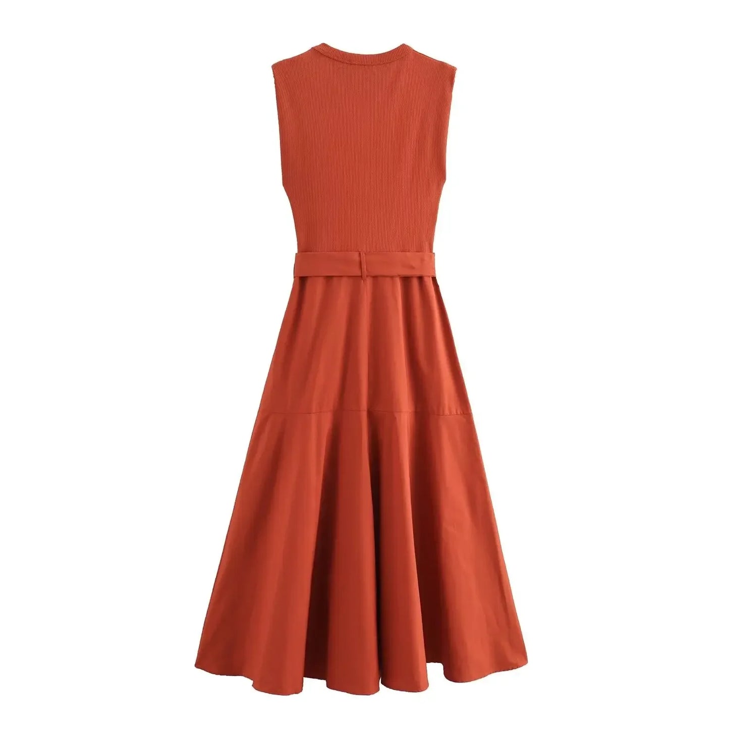BWQ New Women Solid Patchwork Dress With Belt Elegant Office Ladies Sleeveless O-neck Dress Vintage Causal A-line Long Dress