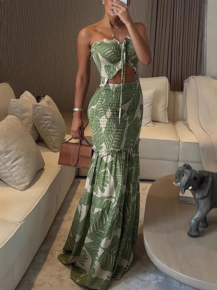 Printed Strap Pleated Long Dress Women Backless Off Shoulder Patchwork Ruffle Summer 2025 Dresses Party Vacation Chic Sexy Robe