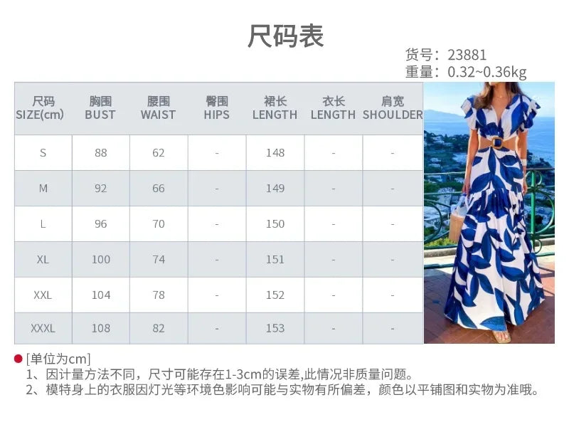 Women's V-Neck Printed Dress Flower Print New Casual Ruffled Short Sleeves Long Dress Swing Bohemian Retro Dress Women Clothing