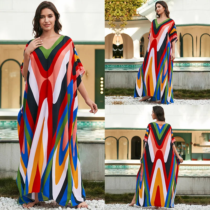 Women's Print Turkish Kaftan Bikinis Set Beachwear Bikini Cover Up Maxi Dress Bathing Suit Summer Outfit