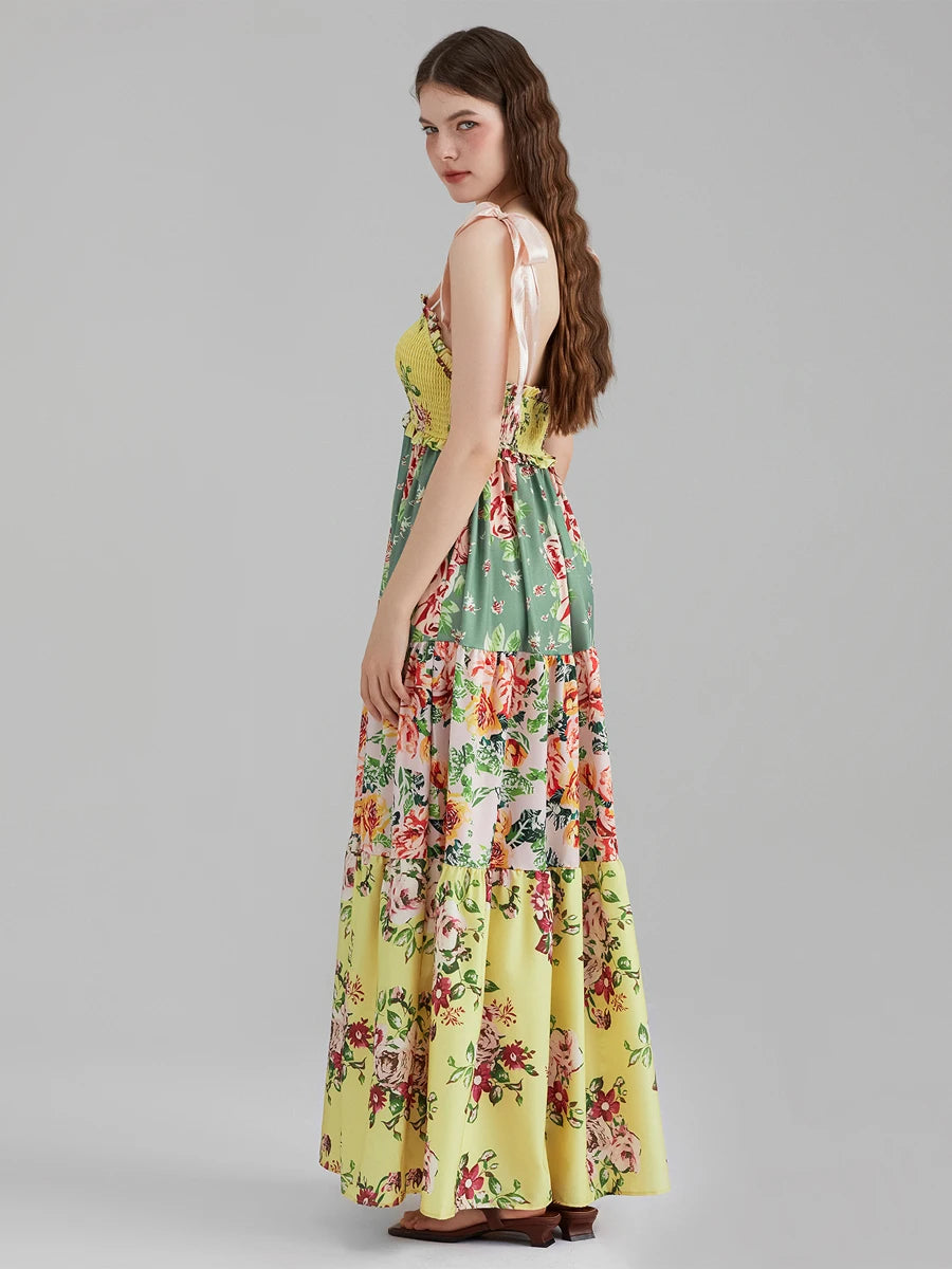 Combhasaki Women's Y2K Vintage Floral Print Ribbon Tie-Up Shoulder Straps Sleeveless V-Neck Summer Big Swing A-line Long Dress