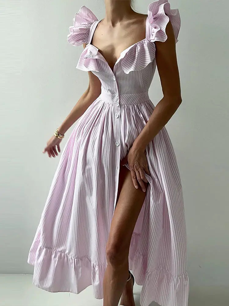 Flying Sleeve Ruffle Striped Slip Long Dress Women Elegant Square Collar Waist Cinching Pleat Party Dresses Chic Ladies Vestido