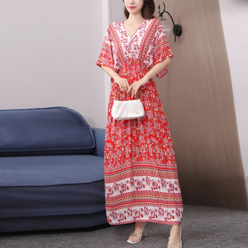 V-neck Large Skirt Hem Casual Sweet Holiday Long Dress Bat Sleeves Elastic Waist Bohemian Print Floral Elegant Dresse For Women
