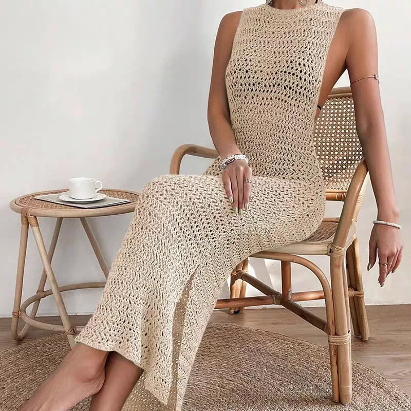 Women's Beach Style O-Neck Knit Hollow out Long Dress 2025 Summer Female Casual Sleeveless Dress Beach Bikini Cover-up Blouse