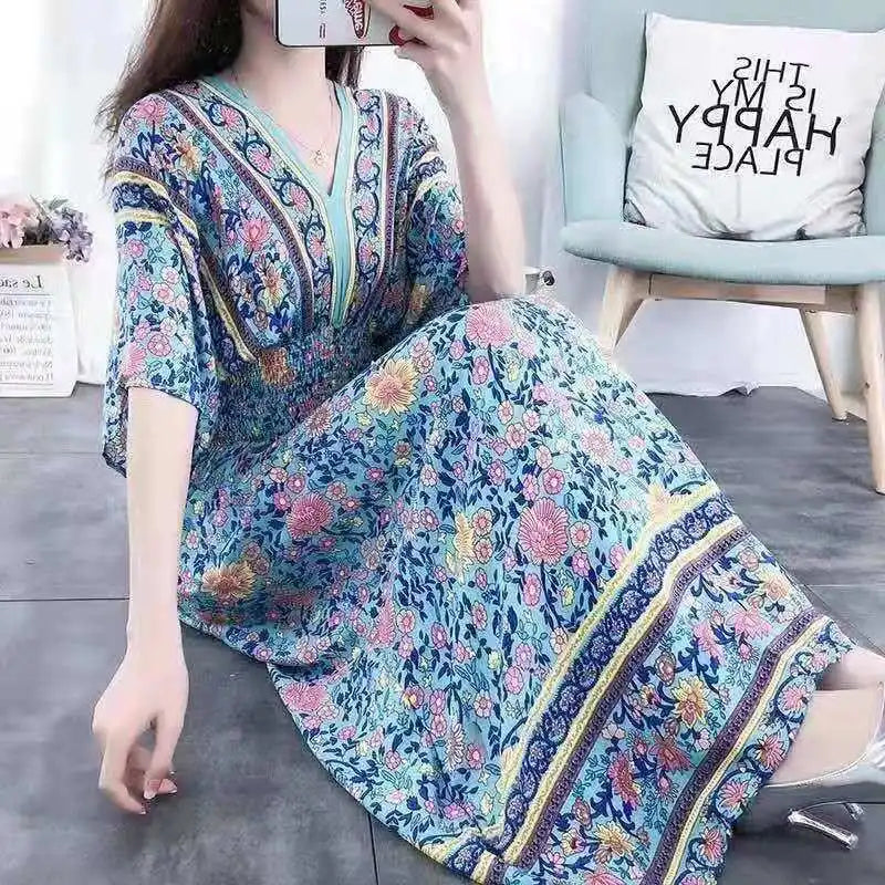 V-neck Large Skirt Hem Casual Sweet Holiday Long Dress Bat Sleeves Elastic Waist Bohemian Print Floral Elegant Dresse For Women