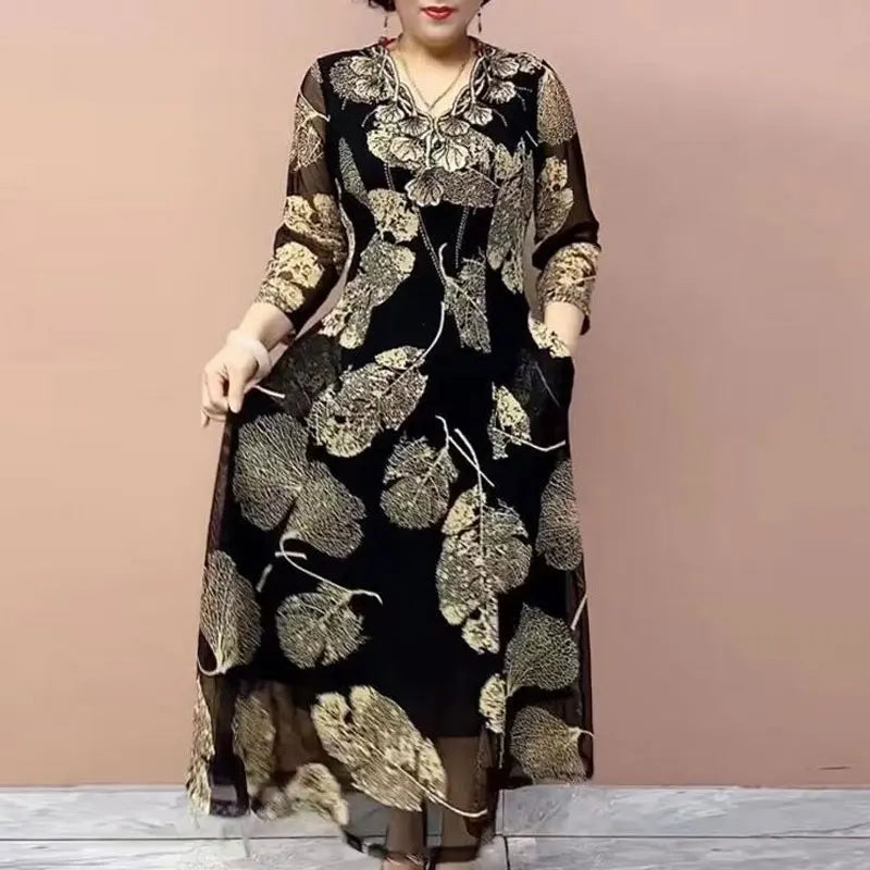 Female Clothing Vintage Leaf Printed Long Dress Elegant V-Neck Spring Summer New Casual 3/4 Sleeve Chic Diamonds A-Line Dresses