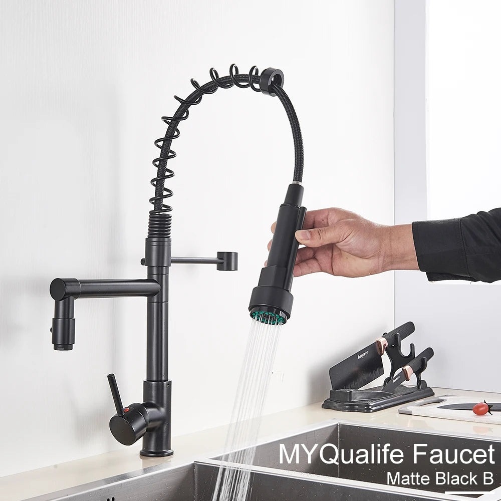 Black Pull Down Kitchen Sink Faucet Hot Cold Water Mixer Crane Tap with Dual Spout 360 Rotation High Faucet Deck Mounted