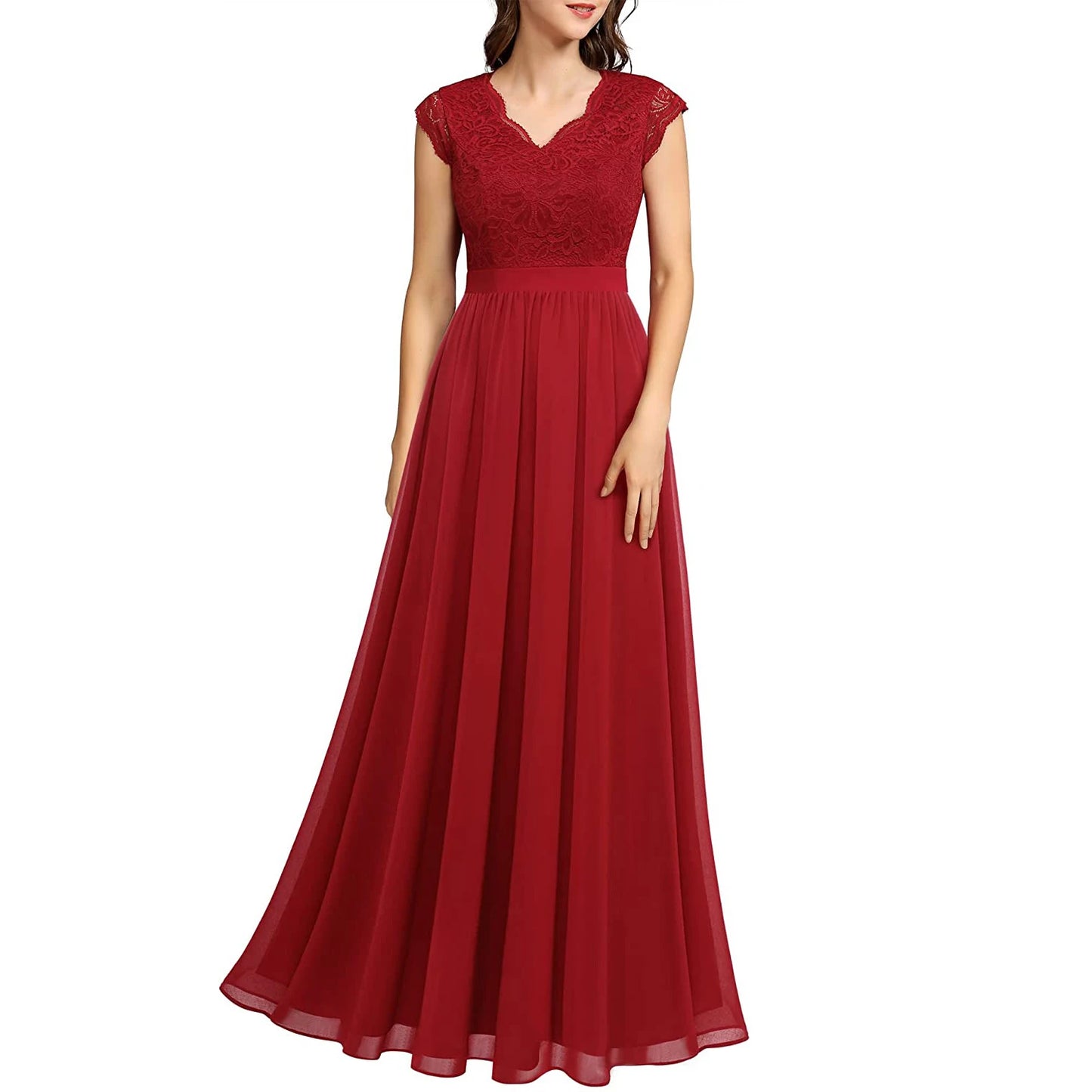 Elegant Women's Party Bridesmaid Long Dress Lace Patchwork Chiffon Sleeveless Wedding V Neck One Piece Formal Party Midi Dress