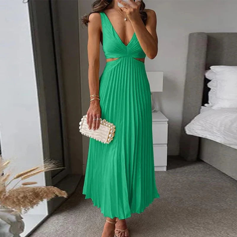 Casual Multi-color Sleeveless Party Dress Elegant High Waist Long Dress for Women Summer Sexy Deep V Hollow Pleated Beach Dress