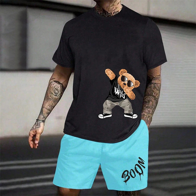 2024 Fun Bear Harajuku T-Shirt Men's Summer Loose Daily Couple Suit Outdoor Street Short Sleeve Shorts Two Piece Men Summer Suit