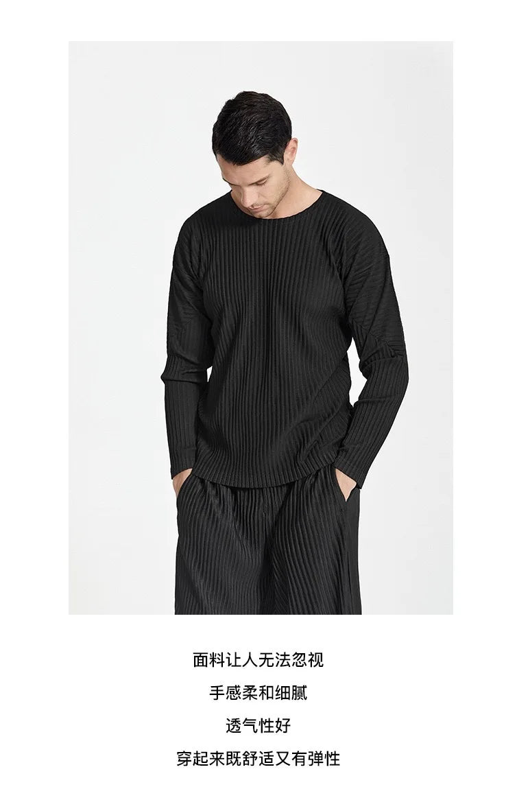 Pleats Original Pleated T-shirt 2024 Spring And Summer New Long-sleeved Round Neck Men's Tops Round Neck T-shirt Casual Clothing