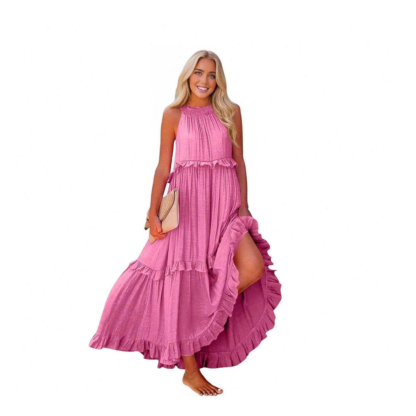 Women's Ruffled hem layered long dresses Summer Sleeveless backless dress Fashion Long Dress Big Swing Beach Dress vestidos