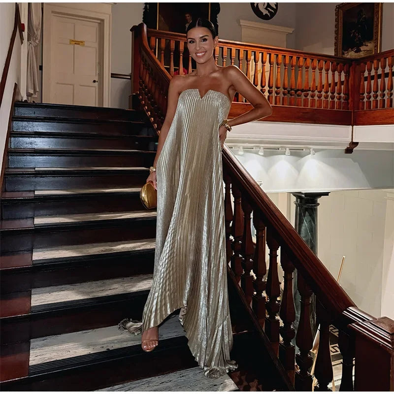 Elegant Pleat Long Dress Women Loose Tube Top Shiny Backless Sleeveless Dresses Female 2025 Summer Lady Party Evening Robes