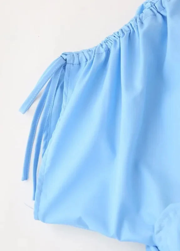 Women Blue V-neck Waist Strap Three-dimensional Flower Bow High Waist Long Dress
