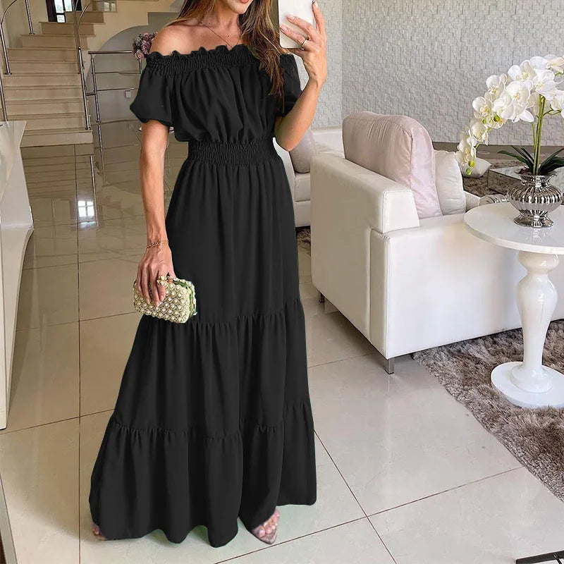 Women's Dress One-line Collar Spring And Summer Short-sleeved New Green Long Dress Fashion Casual Loose Beach Party Dresses Robe