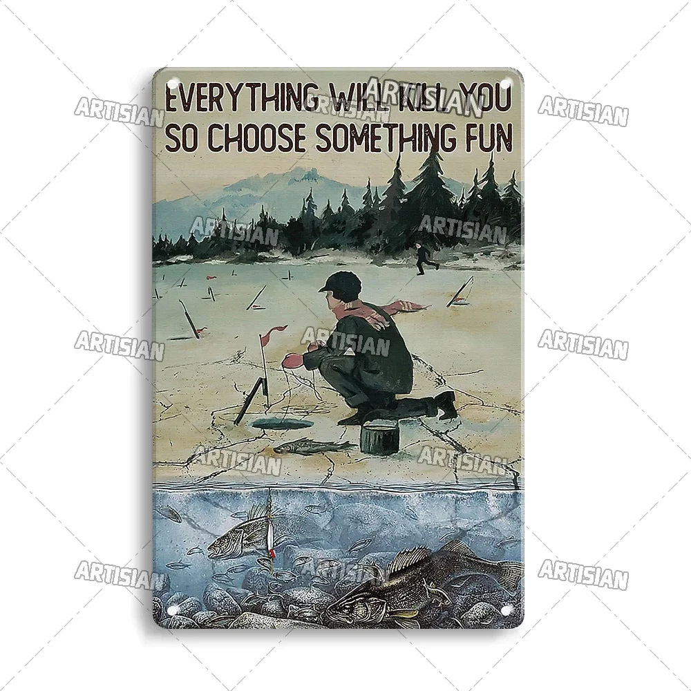 Artisian Fishing Metal Poster Sport Tin Sign Lure Bait Decorative Plaque Wall Decor Garage Bar Pub Club Hotel Cafe Kitchen Home