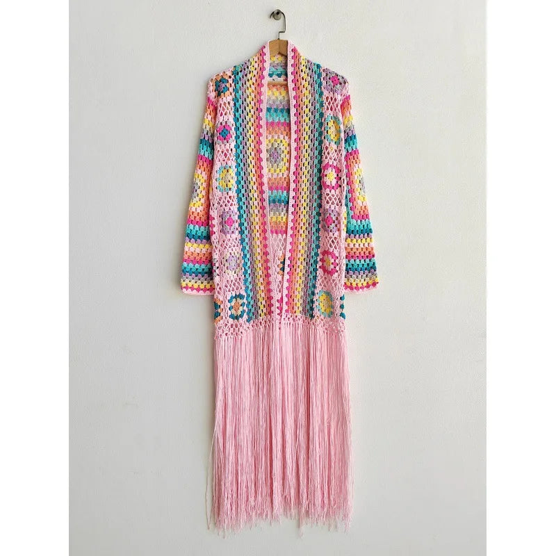 Crochet Knitted Women Cardigan Cover Ups Tassel Plaid Long Coat Bohemian 2023 Summer Beach Bikini Covers Sexy Hook Vestidos