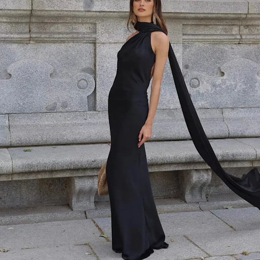 VEITCHE Elegant Women's Soft Silk Satin Long Dress Halter Backless Sleeveless Ribbon Maxi Dresses 2025 Summer Lady Party Gowns