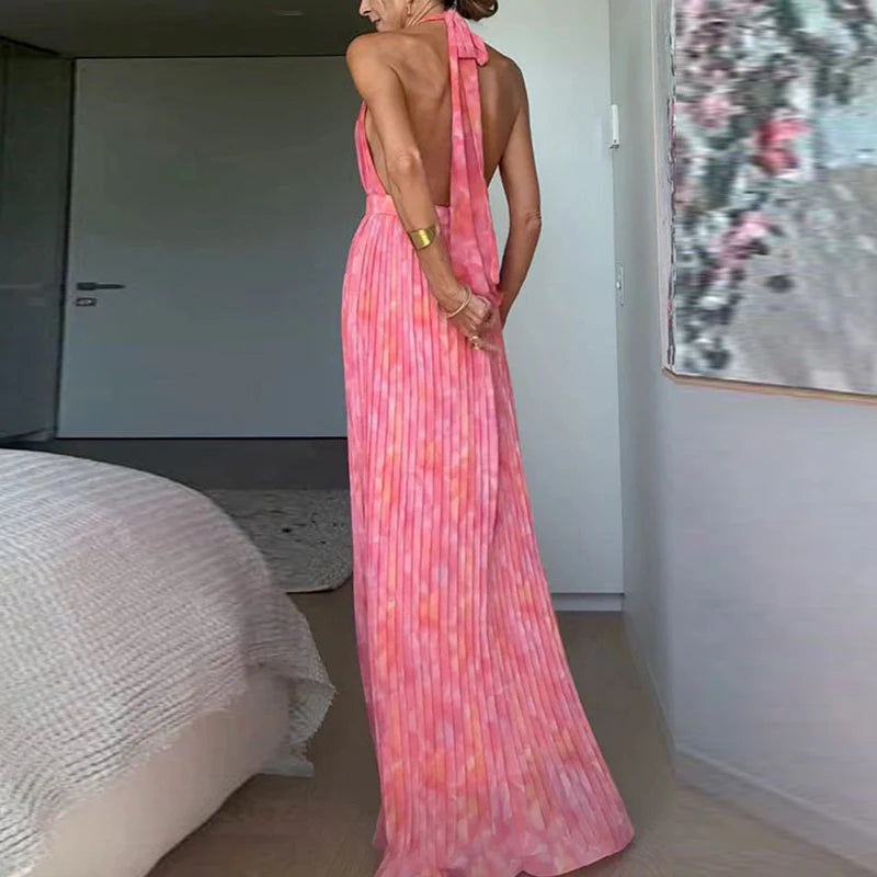 Sexy Low-cut V-neck Tie-up Evening Dress Women Fashion Pattern Print Pleated Long Dress Elegant Sleeveless Backless Party Dress