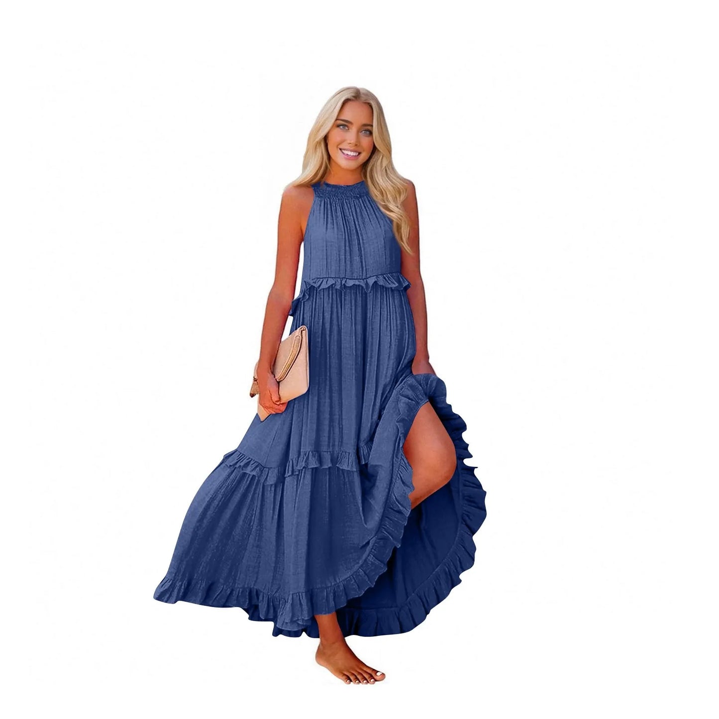 Women's Ruffled hem layered long dresses Summer Sleeveless backless dress Fashion Long Dress Big Swing Beach Dress vestidos