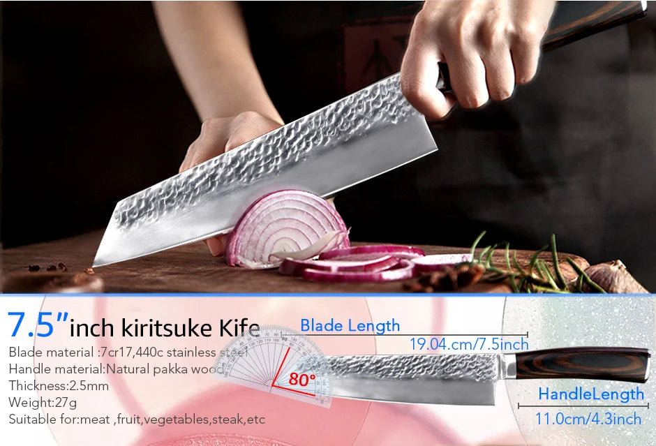 Kitchen Knives Japanese Chef Knife Set 7CR17 High Carbon Steel Full Tang Hammered Non-Stick Santoku Knifes Utility Meat Cleaver