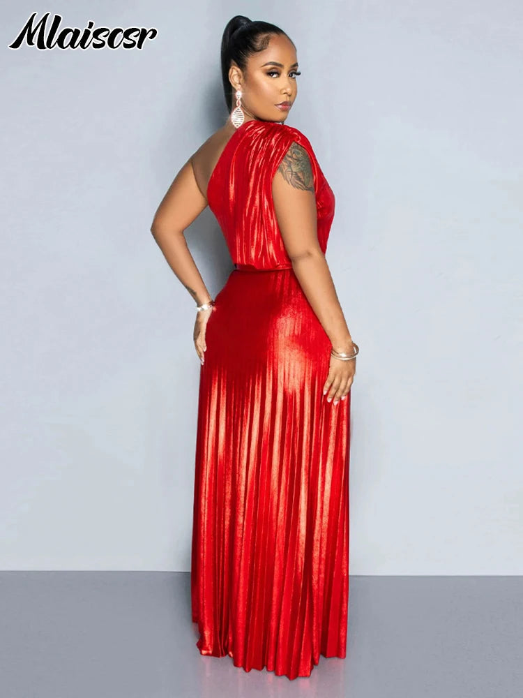 Mlaiscsr Metallic Golden One Shoulder Sleeveless Pleated A-Line Long Dress Elegant Women Luxury Birthday Evening Gowns Vestidos
