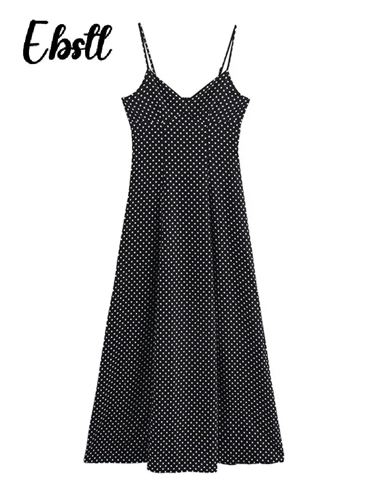 Dot Print Strapless Long Dress Women Retro V-neck Sleeveless Backless High Waist Dresses Female 2025 Spring New Lady Party Robes