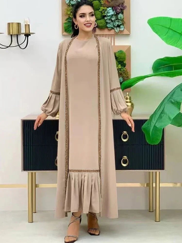 Muslim Women Hijab Dress 2 Piece Set Eid Lantern Sleeve Maxi Long Dress Islamic Clothing Caftan Kimono Big Swing Abaya Dresses