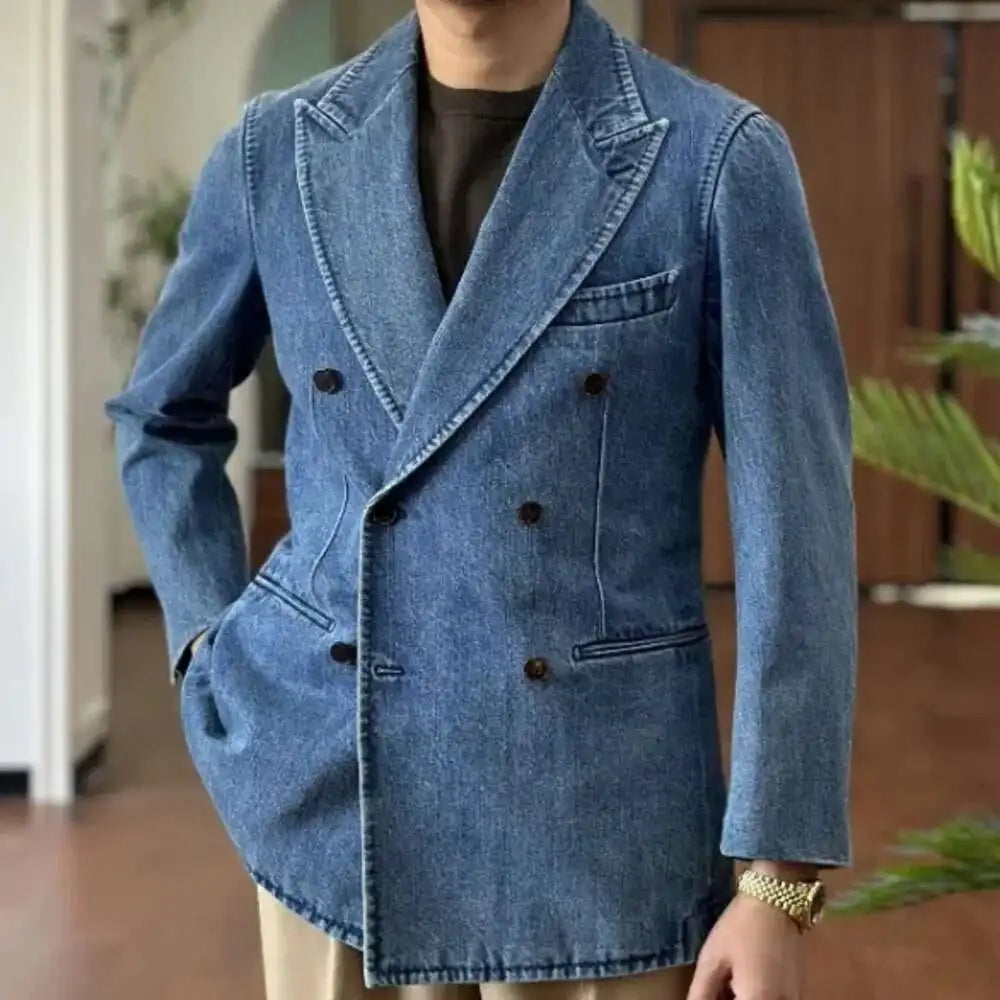 Autumn Denim Jacket Men Blazer Masculino Italian Style Double Breasted Blazer Men Lapel Collar Casual Business Blazer Hombre