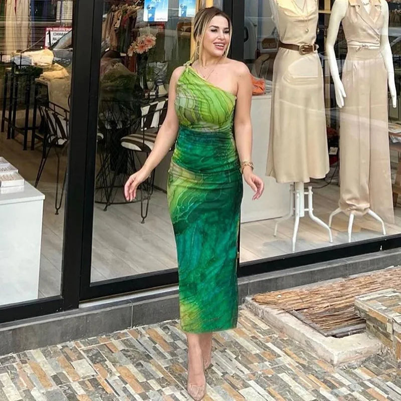 Green Print Long Dress Women Fashion One Shoulder Slim Evening Party Dresses Summer Sexy Backless Ruched Maxi Dress 2024