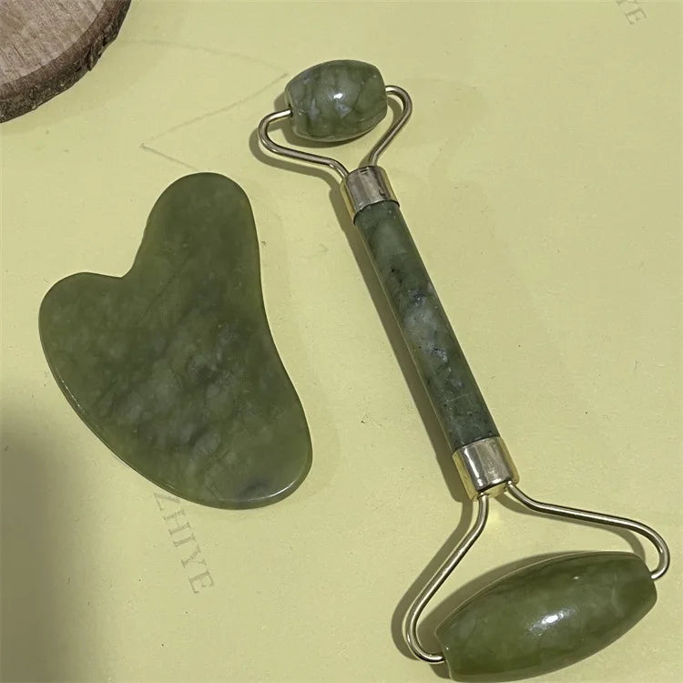 Natural Jade Double Head Roller Health Beauty Treatment Device Scraping Board Set Xiuyan Face Massager To Lift Remove Wrinkles