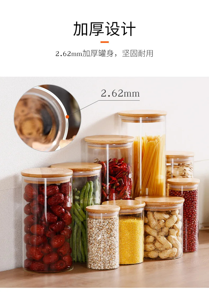 Kitchen Storage Tank Food Container Bambo Covered High Borosilicate Food Sealed Glass Tank Kitchen Miscellaneous Grain Organizer