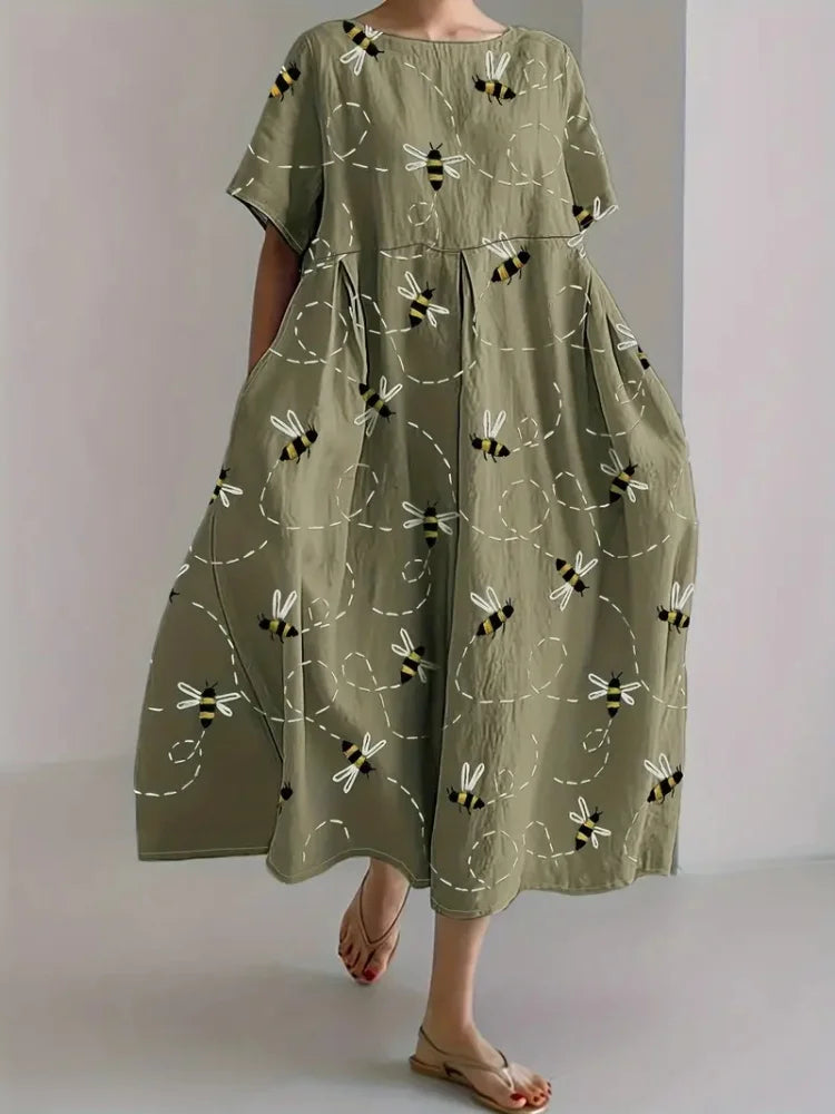 Cute Cat 3D Printed Round Neck Elegant Knee-length Dress Outdoor Holiday Casual Women's Long Dress Elegant Women's Long Dress