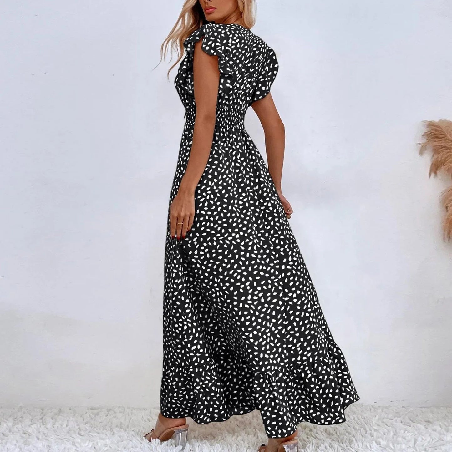 Polka Dot Dress For Women Sexy V-Neck Long Dress Casual And Fashionable Ruffle Edge Short Sleeved High Waisted Dress