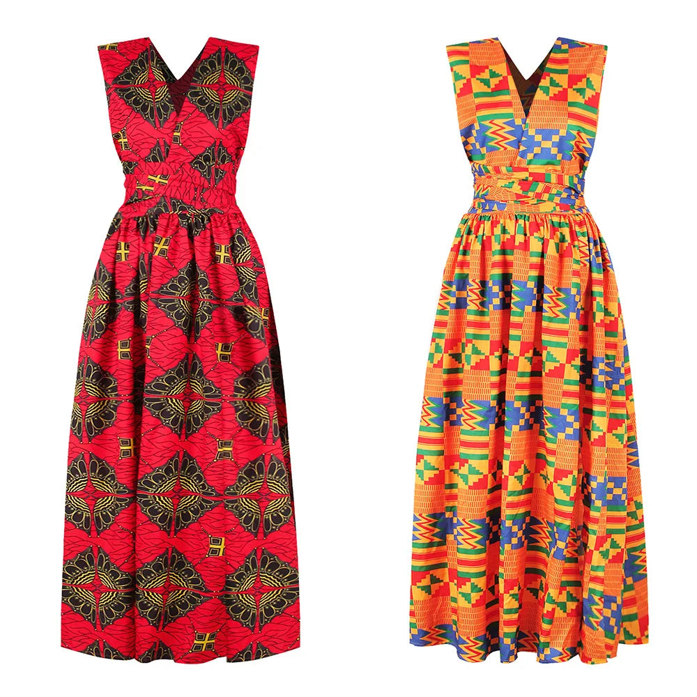 Sexy Sleeveless Dress Women Fashion Off Back African National Print Lady Party Dresses Vintage Casual Long Dress Africa Clothing