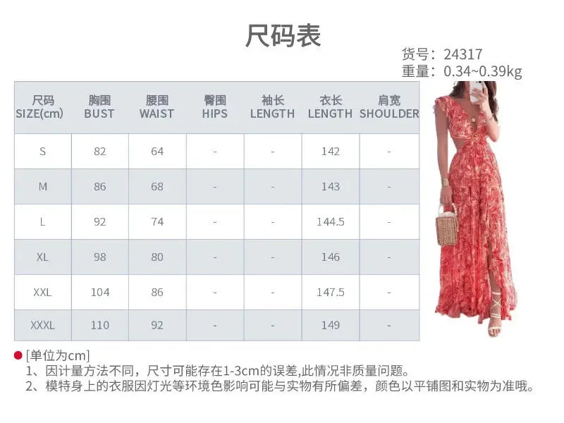 Summer Sexy Long Dress Women Fashion Floral Printed Deep V-neck Backless Beach Sundresses Casual Slim Slit Sleeveless Dress New